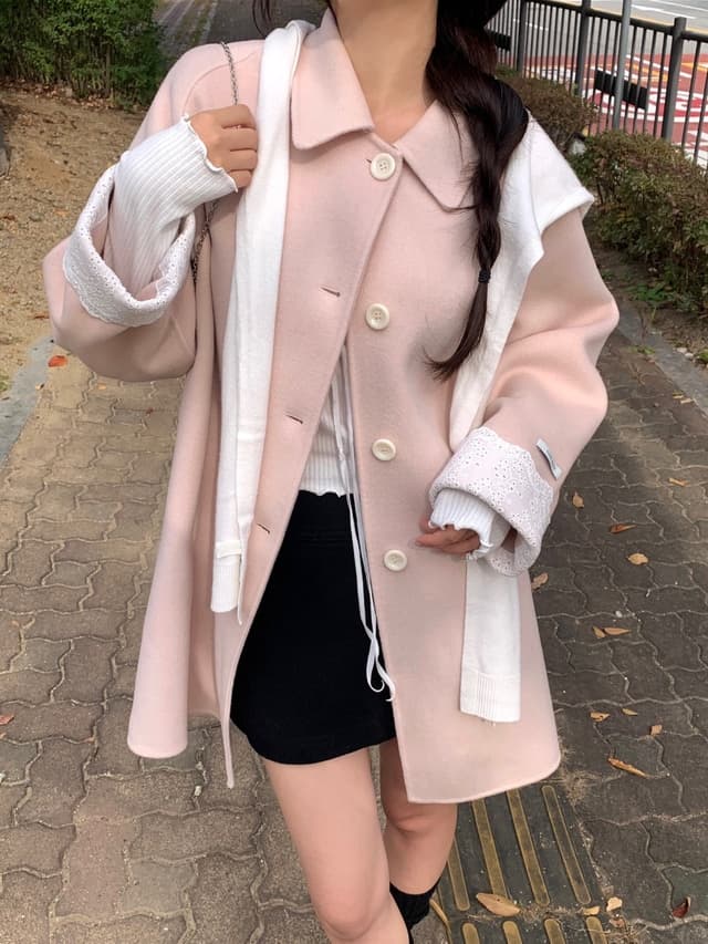 chic 한 부서 겨울 부드러운 달콤함 연령 감소 품격 레이스 디자인 센스 루즈핏 다용도 모직 외투