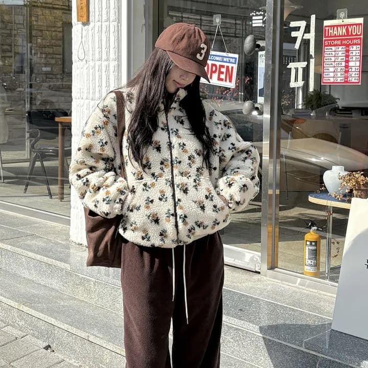 chic 한국 스타일 겨울 패션 연령 감소 꽃무늬 솜을 넣은 레트로 양털 루즈핏 다용도 후드티 재킷 재킷 이미지 2
