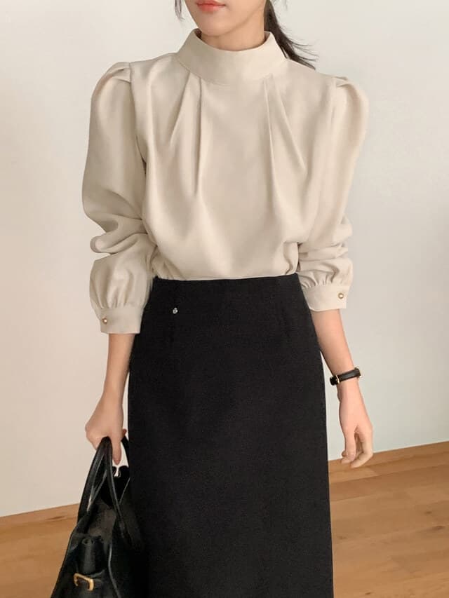 chic 한 부서 부드러운 프랑스식 우아함 품격 스탠드 칼라 작은 대중 주름 장식 디자인 센스 다용도 긴팔 셔츠 맨위 상세 이미지 1