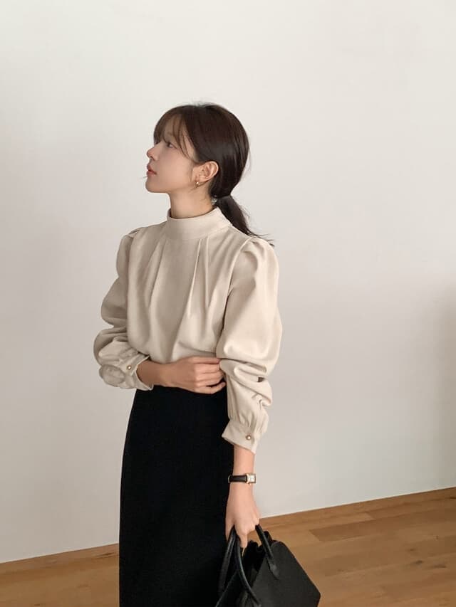 chic 한 부서 부드러운 프랑스식 우아함 품격 스탠드 칼라 작은 대중 주름 장식 디자인 센스 다용도 긴팔 셔츠 맨위 상세 이미지 2