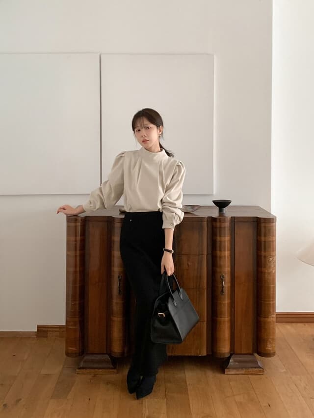 chic 한 부서 부드러운 프랑스식 우아함 품격 스탠드 칼라 작은 대중 주름 장식 디자인 센스 다용도 긴팔 셔츠 맨위 상세 이미지 5