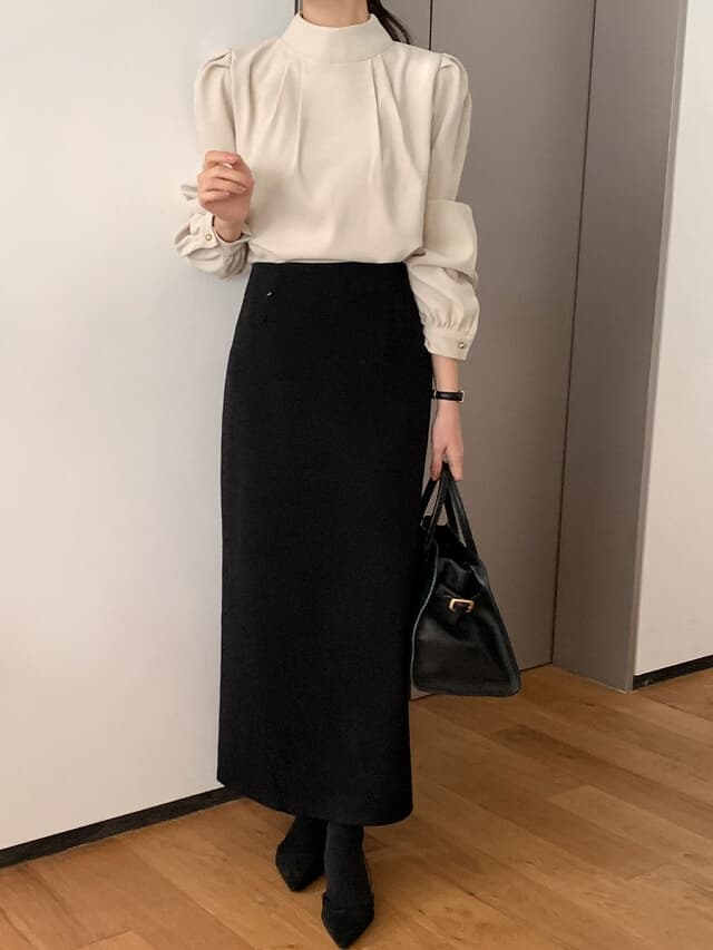 chic 한 부서 부드러운 프랑스식 우아함 품격 스탠드 칼라 작은 대중 주름 장식 디자인 센스 다용도 긴팔 셔츠 맨위 상세 이미지 6