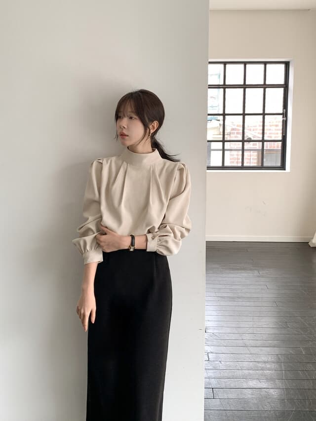 chic 한 부서 부드러운 프랑스식 우아함 품격 스탠드 칼라 작은 대중 주름 장식 디자인 센스 다용도 긴팔 셔츠 맨위 상세 이미지 7