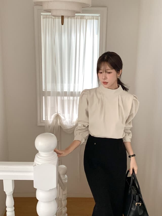 chic 한 부서 부드러운 프랑스식 우아함 품격 스탠드 칼라 작은 대중 주름 장식 디자인 센스 다용도 긴팔 셔츠 맨위 상세 이미지 8