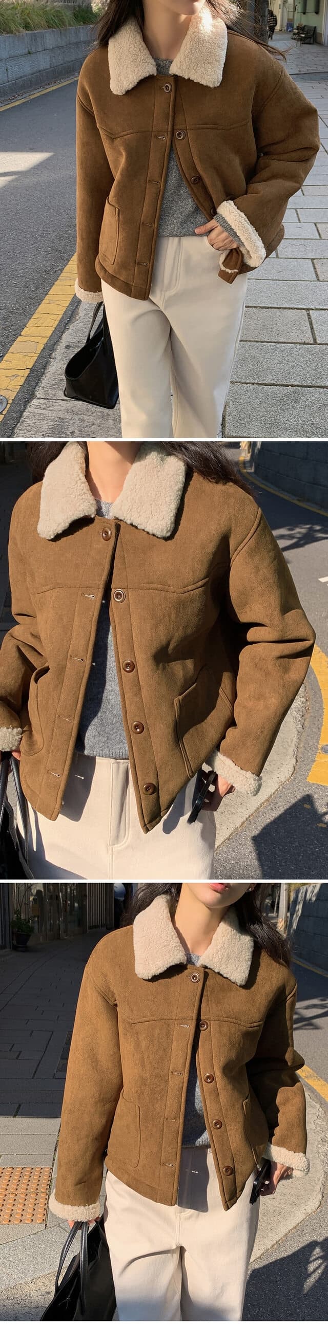 chic 한 부서 겨울 부드러운 패션 스웨이드 원단 폴로 칼라 양털 쇼트 스타일 피모 하나 재킷 재킷 상세 이미지 13