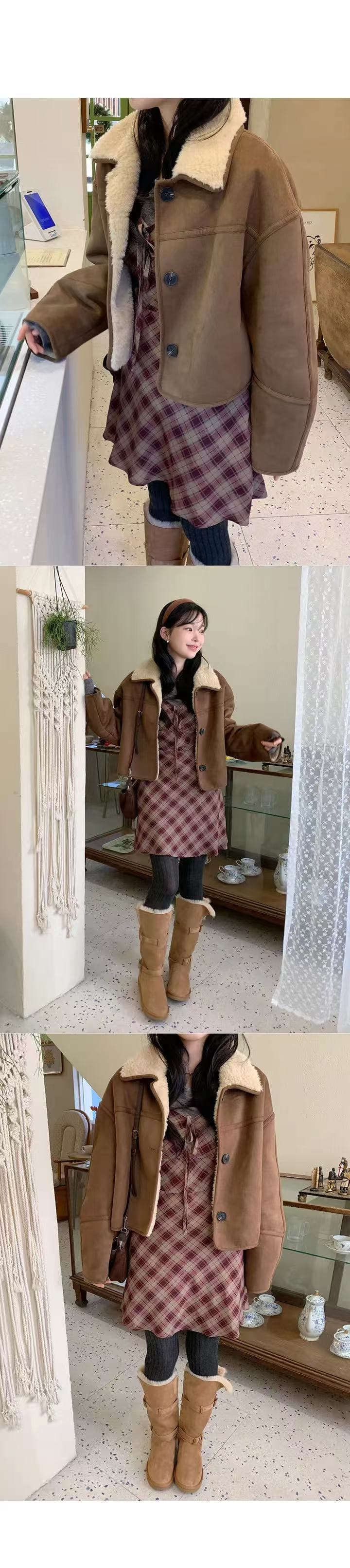 chic 한국 스타일 겨울 레트로 아름다움 라드. 패션 폴로 칼라 싱글 줄 버튼 양털 쇼트 스타일 피모 하나 재킷 상세 이미지 4