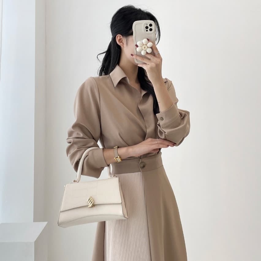 한국 chic 가을 프랑스식 빛 럭셔리 패션 우아함 품격 작은 대중 패치워크 색상 허리 수축 슬림해 보이는 셔츠 드레스 드레스 이미지 4