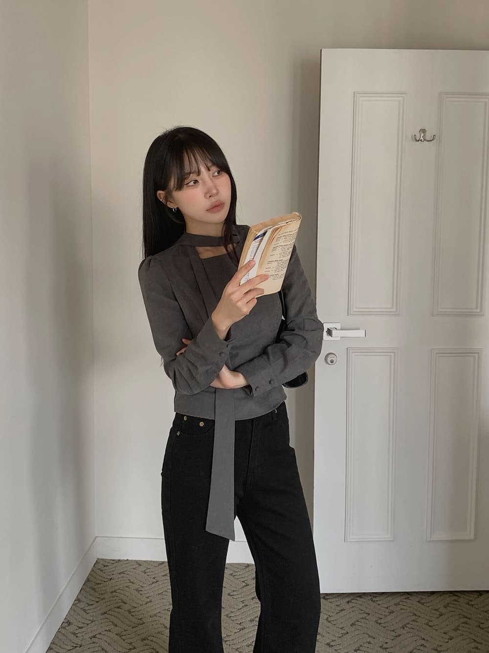 한 부서 봄 프랑스식 품격 리본 나비 매듭 거품 소매 우아함 작은 대중 몸매 가꾸기 다용도 셔츠 맨위 상세 이미지 4