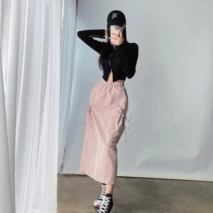 ins 한국 레트로 캐주얼 미니멀리즘 펌프 로프 허리밴드 이후 트임 주머니 워크웨어 한 마디 반신 스커트 이미지 4