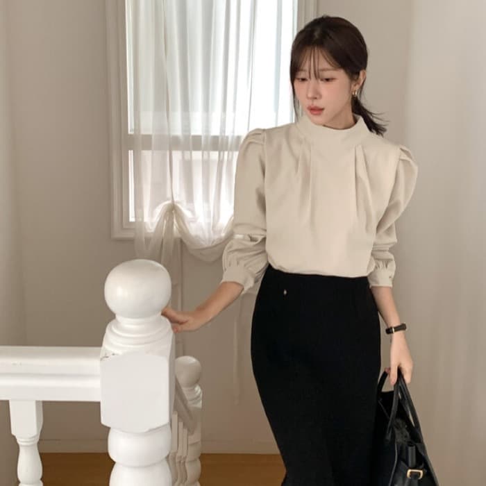 chic 한 부서 부드러운 프랑스식 우아함 품격 스탠드 칼라 작은 대중 주름 장식 디자인 센스 다용도 긴팔 셔츠 맨위 이미지 3