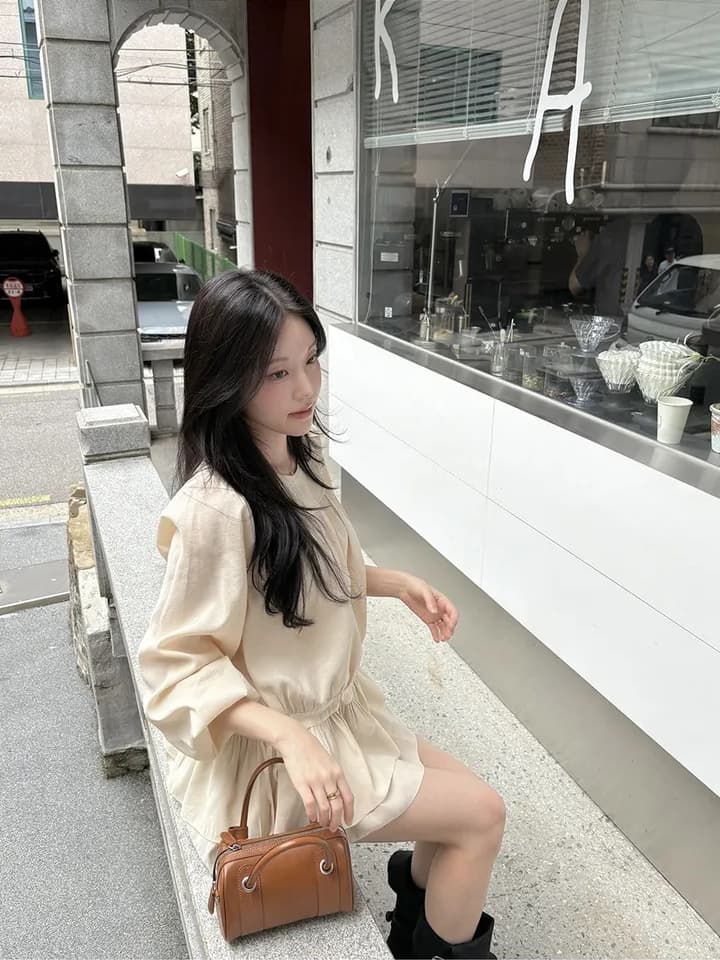 chic 한 부서 프랑스식 달콤함 부드러운 라운드 수신 Pleat 펌프 로프 허리 수축 작은 키 긴팔 미니 스커트 드레스 상세 이미지 2