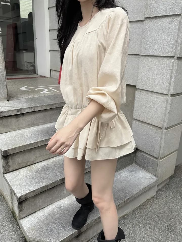 chic 한 부서 프랑스식 달콤함 부드러운 라운드 수신 Pleat 펌프 로프 허리 수축 작은 키 긴팔 미니 스커트 드레스 상세 이미지 3