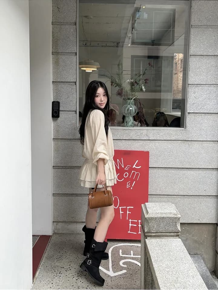 chic 한 부서 프랑스식 달콤함 부드러운 라운드 수신 Pleat 펌프 로프 허리 수축 작은 키 긴팔 미니 스커트 드레스 상세 이미지 5