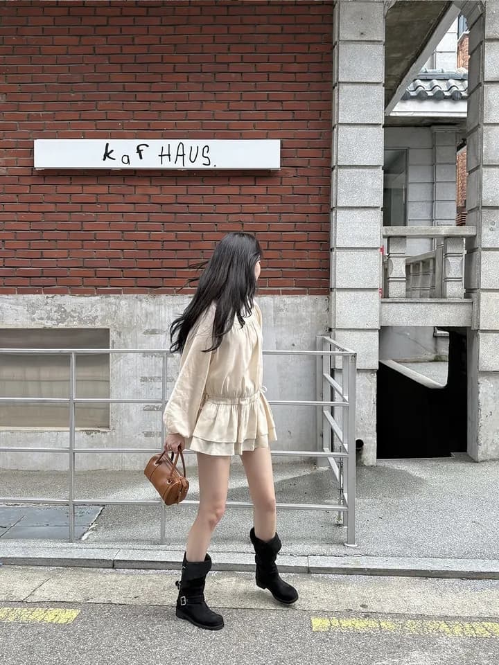 chic 한 부서 프랑스식 달콤함 부드러운 라운드 수신 Pleat 펌프 로프 허리 수축 작은 키 긴팔 미니 스커트 드레스 상세 이미지 7