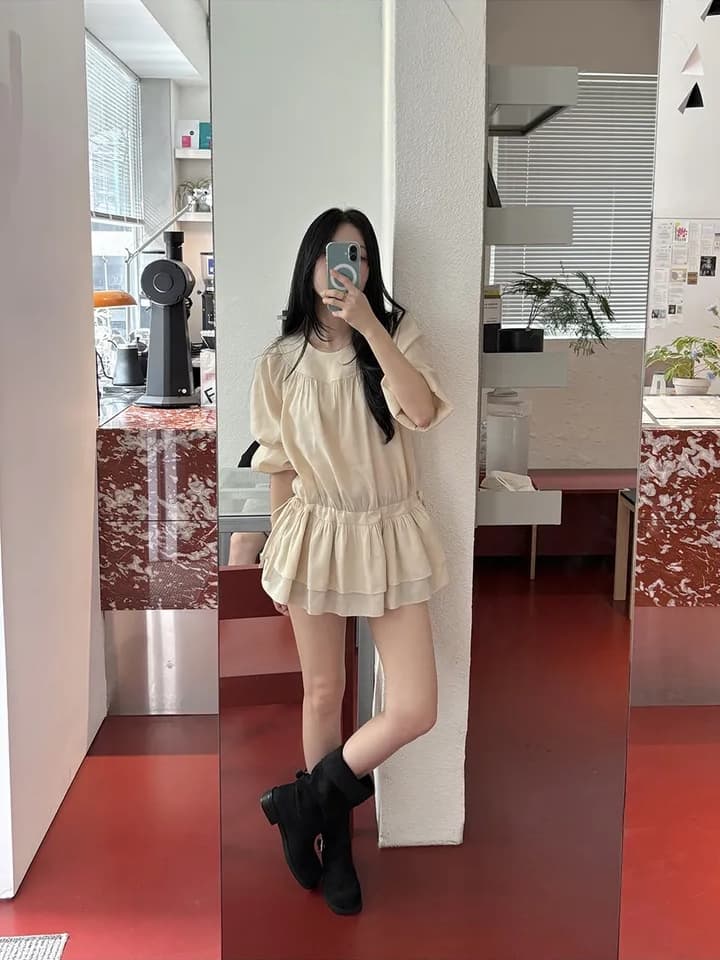 chic 한 부서 프랑스식 달콤함 부드러운 라운드 수신 Pleat 펌프 로프 허리 수축 작은 키 긴팔 미니 스커트 드레스 상세 이미지 8
