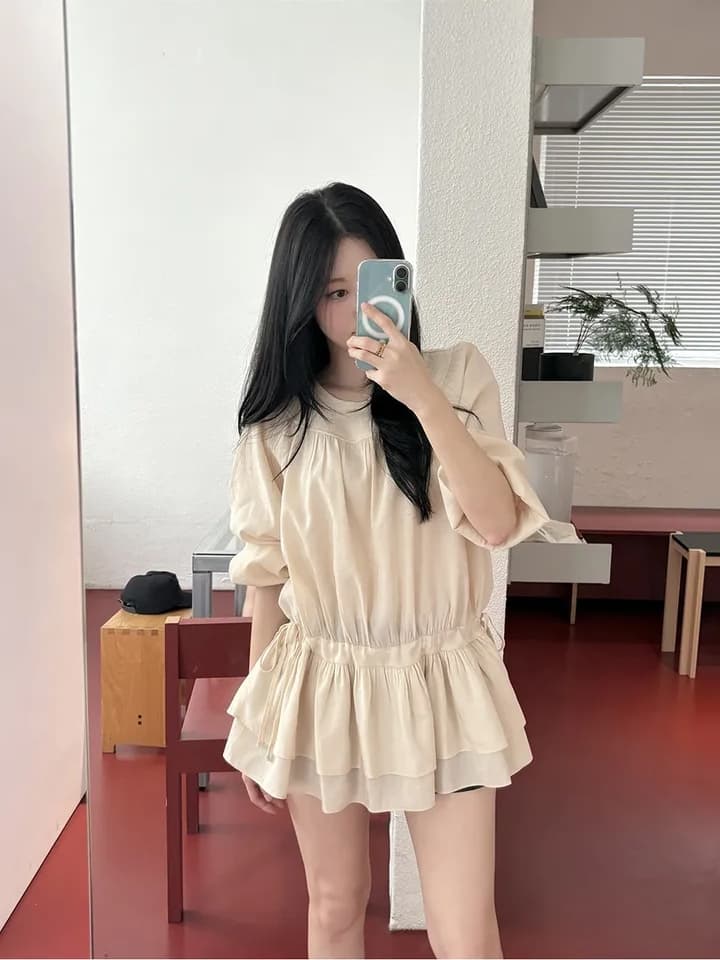 chic 한 부서 프랑스식 달콤함 부드러운 라운드 수신 Pleat 펌프 로프 허리 수축 작은 키 긴팔 미니 스커트 드레스 상세 이미지 9