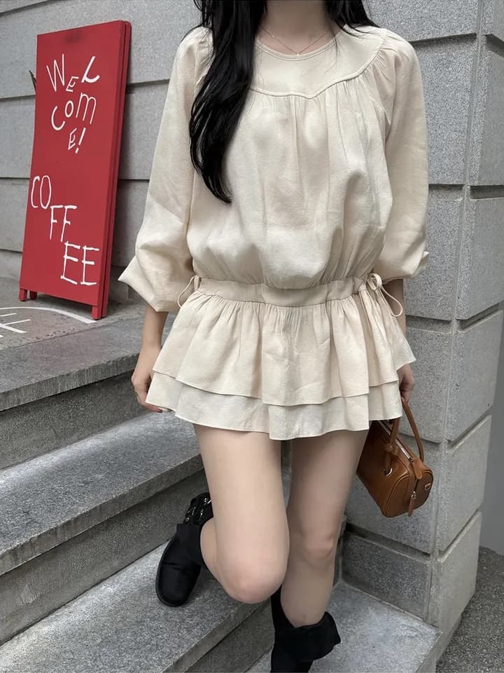 chic 한 부서 프랑스식 달콤함 부드러운 라운드 수신 Pleat 펌프 로프 허리 수축 작은 키 긴팔 미니 스커트 드레스 상세 이미지 10