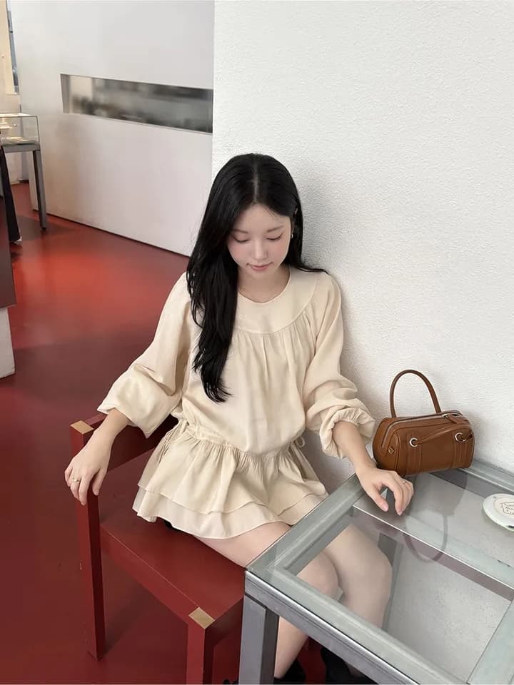 chic 한 부서 프랑스식 달콤함 부드러운 라운드 수신 Pleat 펌프 로프 허리 수축 작은 키 긴팔 미니 스커트 드레스 상세 이미지 11