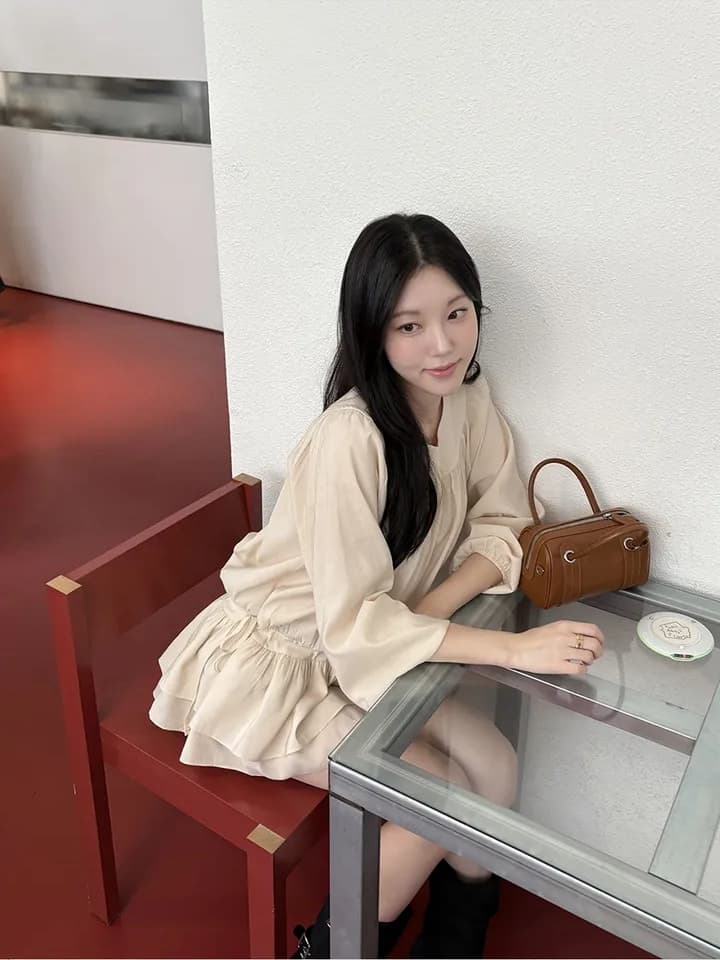 chic 한 부서 프랑스식 달콤함 부드러운 라운드 수신 Pleat 펌프 로프 허리 수축 작은 키 긴팔 미니 스커트 드레스 상세 이미지 12
