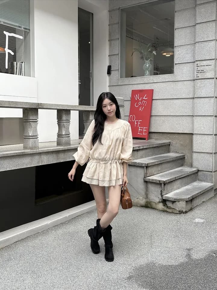 chic 한 부서 프랑스식 달콤함 부드러운 라운드 수신 Pleat 펌프 로프 허리 수축 작은 키 긴팔 미니 스커트 드레스 상세 이미지 14