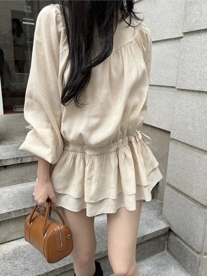 chic 한 부서 프랑스식 달콤함 부드러운 라운드 수신 Pleat 펌프 로프 허리 수축 작은 키 긴팔 미니 스커트 드레스 상세 이미지 15