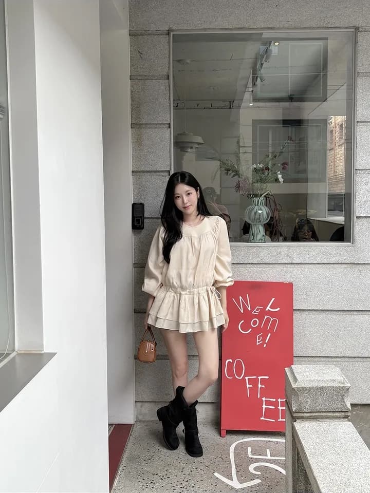 chic 한 부서 프랑스식 달콤함 부드러운 라운드 수신 Pleat 펌프 로프 허리 수축 작은 키 긴팔 미니 스커트 드레스 상세 이미지 18