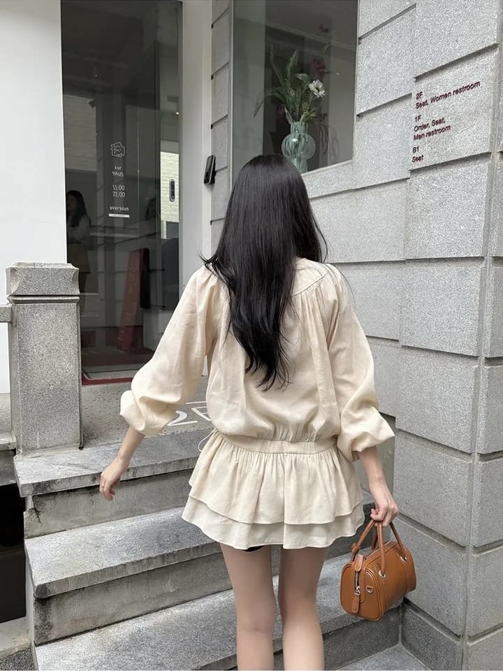 chic 한 부서 프랑스식 달콤함 부드러운 라운드 수신 Pleat 펌프 로프 허리 수축 작은 키 긴팔 미니 스커트 드레스 상세 이미지 19