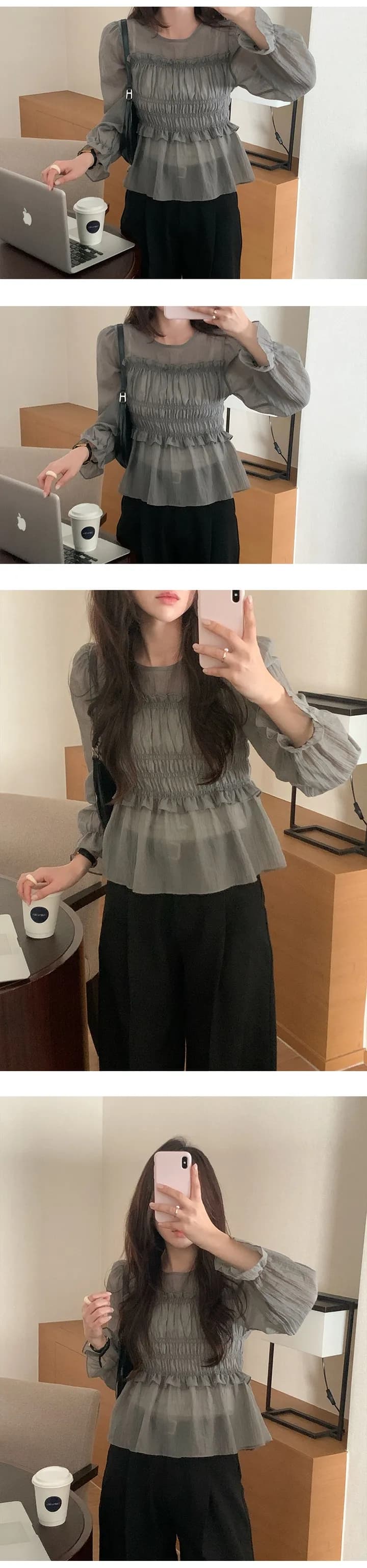 한 부서 이른 가을 프랑스식 부드러운 달콤함 프릴 주름 장식 허리 수축 슬림해 보이는 연꽃 잎 소매 얇은 스타일 쉬폰 블라우스 맨위 상세 이미지 1