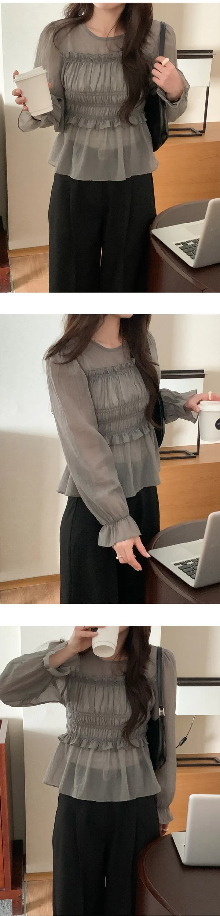 한 부서 이른 가을 프랑스식 부드러운 달콤함 프릴 주름 장식 허리 수축 슬림해 보이는 연꽃 잎 소매 얇은 스타일 쉬폰 블라우스 맨위 상세 이미지 4