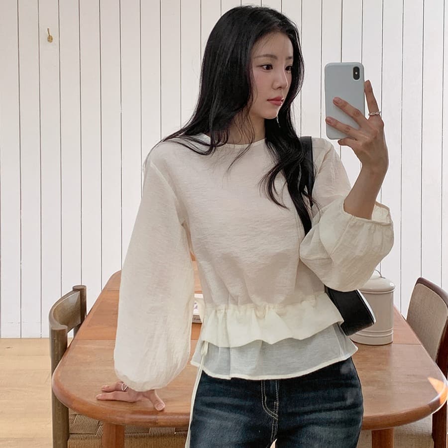 한 부서 이른 봄 미니멀리즘 Chic 작은 대중 연꽃 잎 이중층 디자인 센스 펌프 로프 허리 수축 스택 착용 다용도 셔츠 맨위 이미지 2