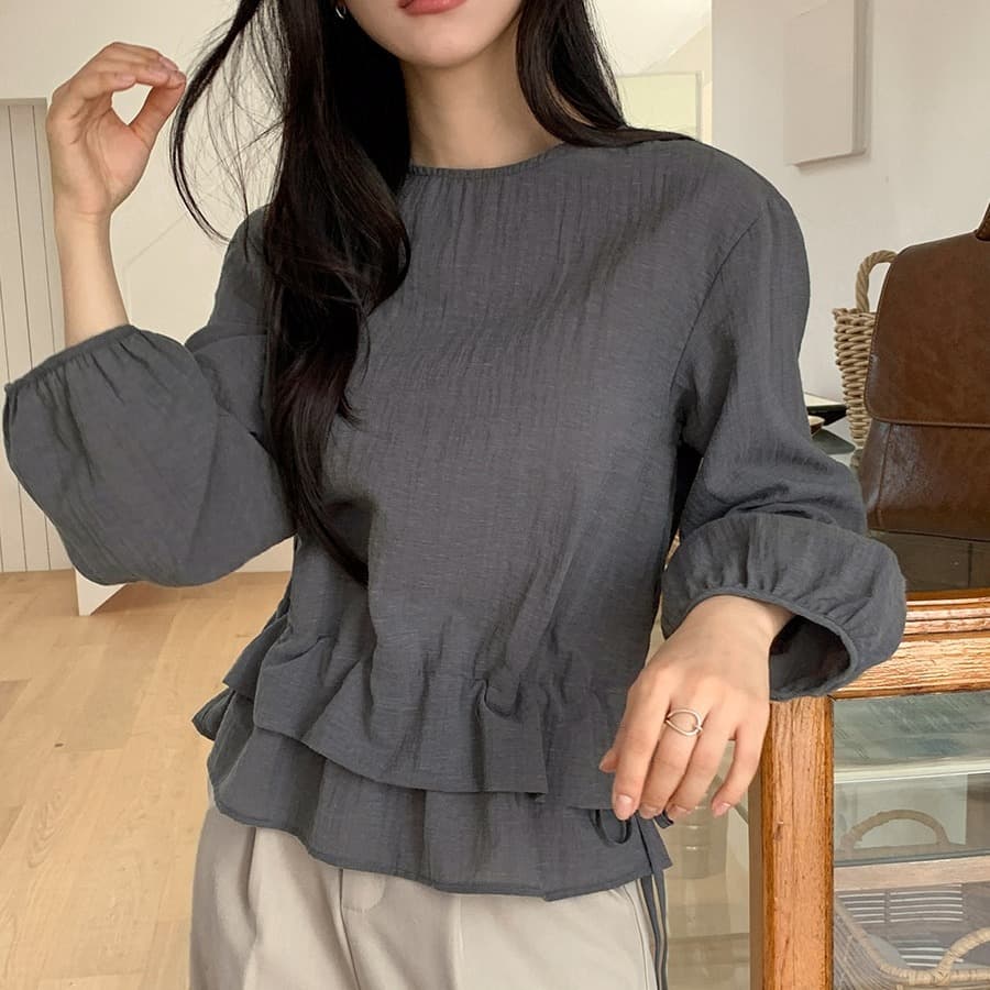 한 부서 이른 봄 미니멀리즘 Chic 작은 대중 연꽃 잎 이중층 디자인 센스 펌프 로프 허리 수축 스택 착용 다용도 셔츠 맨위 이미지 4