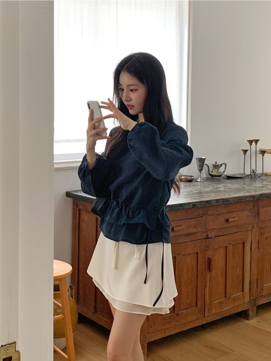 한 부서 이른 봄 미니멀리즘 Chic 작은 대중 연꽃 잎 이중층 디자인 센스 펌프 로프 허리 수축 스택 착용 다용도 셔츠 맨위 상세 이미지 3