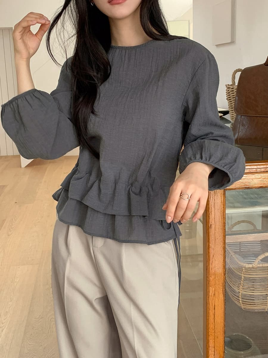 한 부서 이른 봄 미니멀리즘 Chic 작은 대중 연꽃 잎 이중층 디자인 센스 펌프 로프 허리 수축 스택 착용 다용도 셔츠 맨위 상세 이미지 10