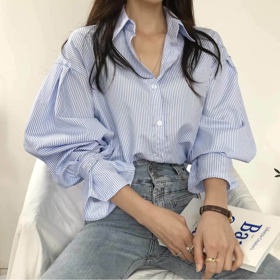 chic 한 부서 이른 가을 디자인 센스 작은 대중 핀 스트라이프 루즈핏 여성 셔츠 미니멀리즘 다용도 긴팔 맨위