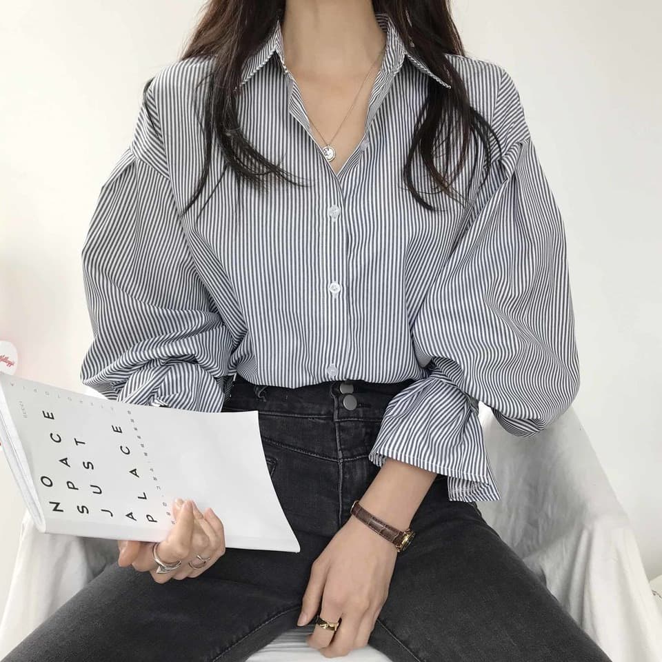 chic 한 부서 이른 가을 디자인 센스 작은 대중 핀 스트라이프 루즈핏 여성 셔츠 미니멀리즘 다용도 긴팔 맨위 이미지 3