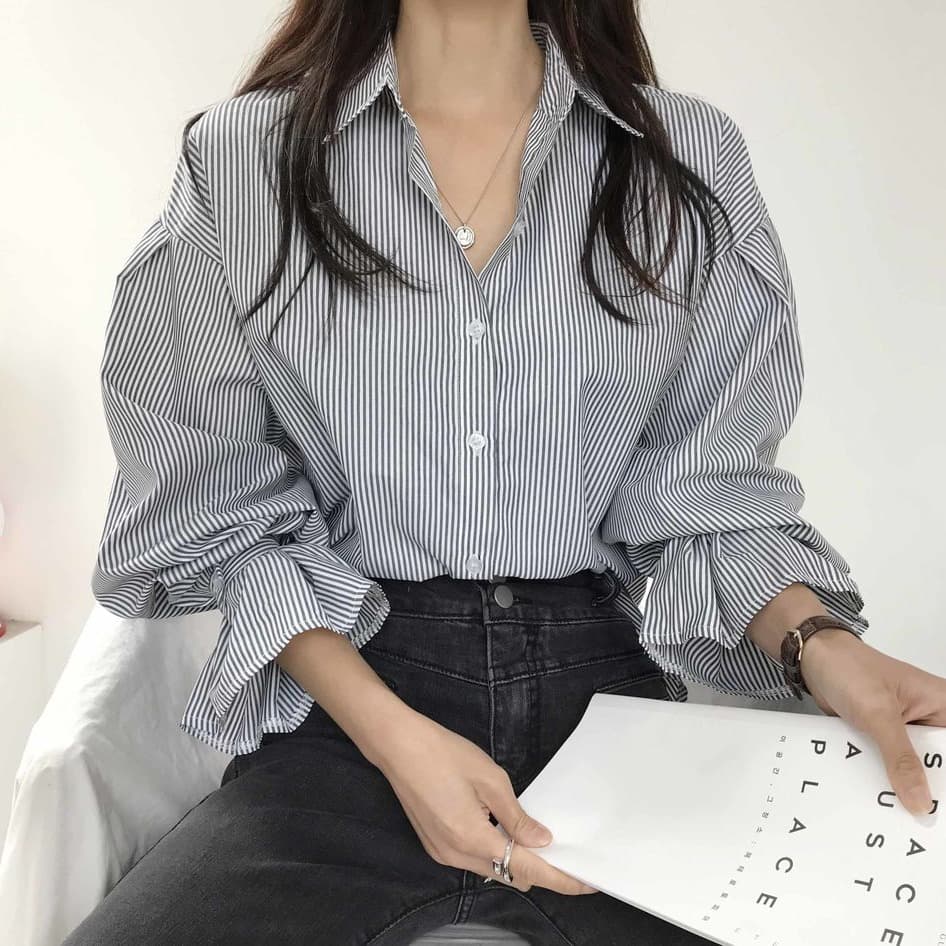 chic 한 부서 이른 가을 디자인 센스 작은 대중 핀 스트라이프 루즈핏 여성 셔츠 미니멀리즘 다용도 긴팔 맨위 이미지 4
