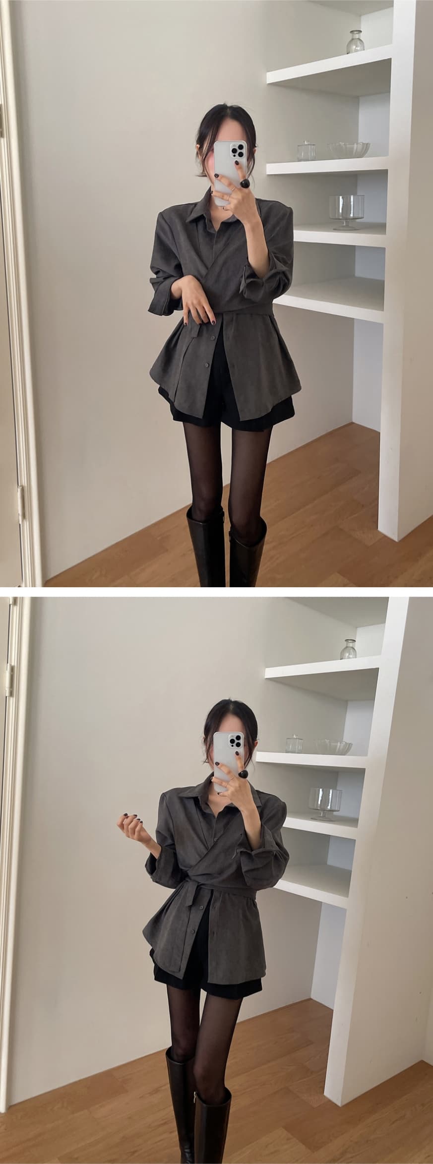 chic 한국 가을 새로운 레트로 품격 작은 대중 십자가 스트랩 페이크 레이어드 패션 다용도 셔츠 맨위 상세 이미지 3