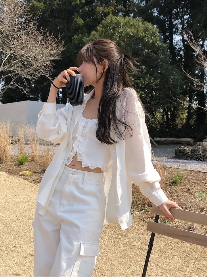 한국 봄 새로운 프랑스식 품격 부드러운 작은 대중 싱글 줄 버튼 다용도 치마 커튼 랩스커트팬츠 셔츠 맨위 이미지 4