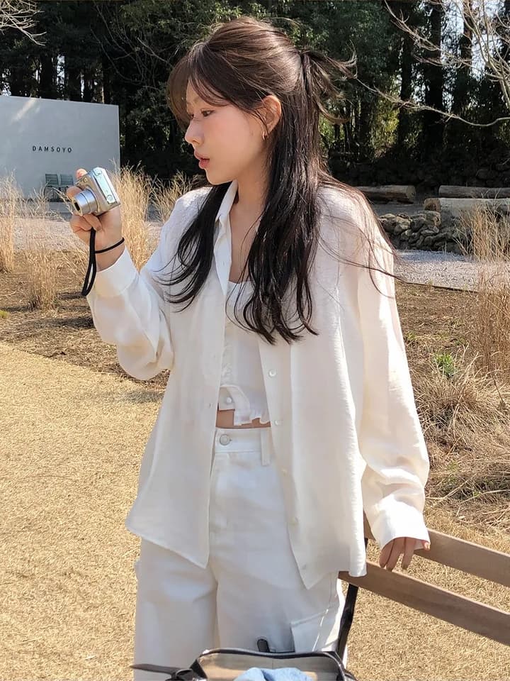 한국 봄 새로운 프랑스식 품격 부드러운 작은 대중 싱글 줄 버튼 다용도 치마 커튼 랩스커트팬츠 셔츠 맨위 상세 이미지 21