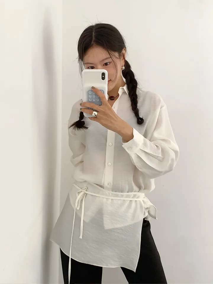 chic 이른 가을 한국 새로운 프랑스식 품격 부드러운 작은 대중 싱글 줄 버튼 다용도 치마 커튼 방귀 커튼 셔츠 맨위 상세 이미지 6
