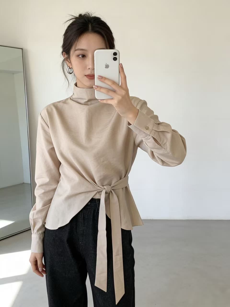 한 부서 이른 봄 프랑스식 품격 부드러운 작은 대중 불규칙 디자인 센스 레이스업 허리 수축 스탠드 칼라 긴팔 셔츠 맨위 이미지 4