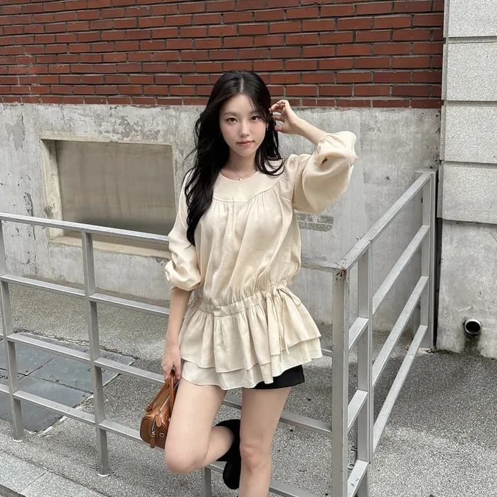 chic 한 부서 프랑스식 달콤함 부드러운 라운드 수신 Pleat 펌프 로프 허리 수축 작은 키 긴팔 미니 스커트 드레스 이미지 2