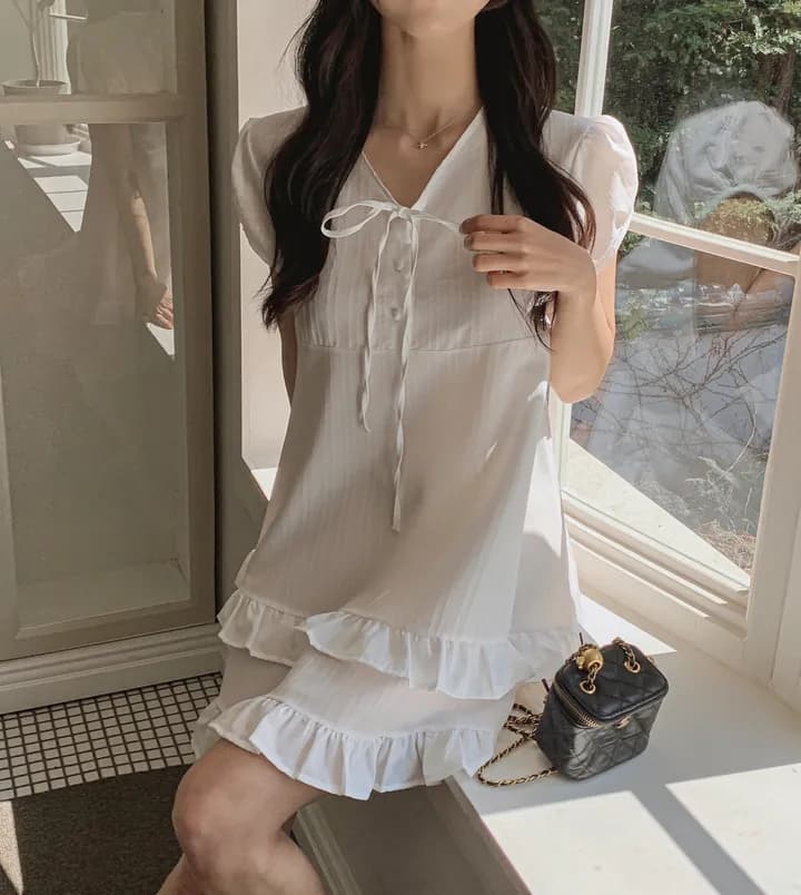 chic 한 부서 여름 부드러운 달콤함 이중층 프릴 레이스업 반 개방 칼라 작은 키 드레스 상세 이미지 4