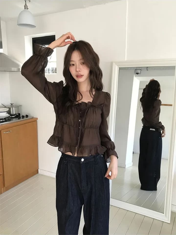 chic 한 부서 이른 가을 프랑스식 달콤함 연령 감소 부드러운 프릴 주름 장식 허리 수축 쉬폰 자외선 차단 셔츠 맨위 이미지 2