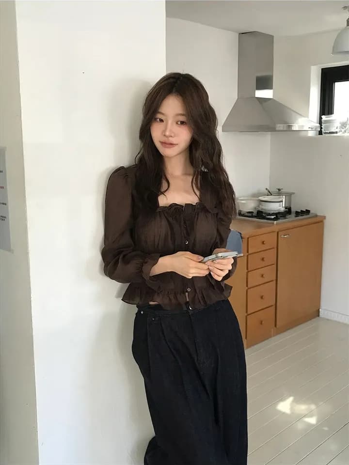 chic 한 부서 이른 가을 프랑스식 달콤함 연령 감소 부드러운 프릴 주름 장식 허리 수축 쉬폰 자외선 차단 셔츠 맨위 상세 이미지 4