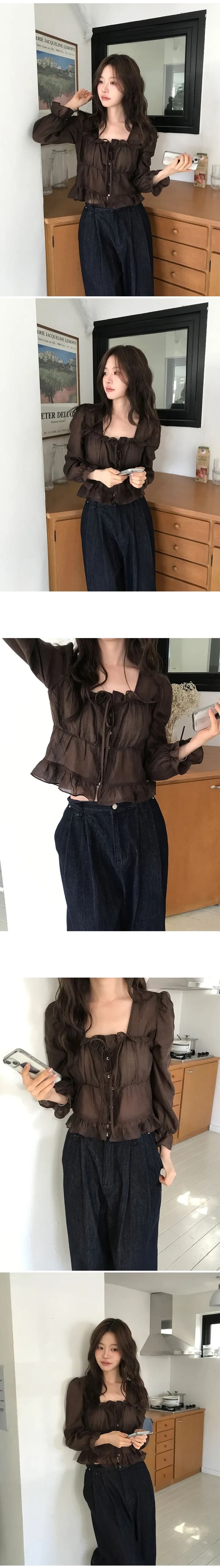 chic 한 부서 이른 가을 프랑스식 달콤함 연령 감소 부드러운 프릴 주름 장식 허리 수축 쉬폰 자외선 차단 셔츠 맨위 상세 이미지 8
