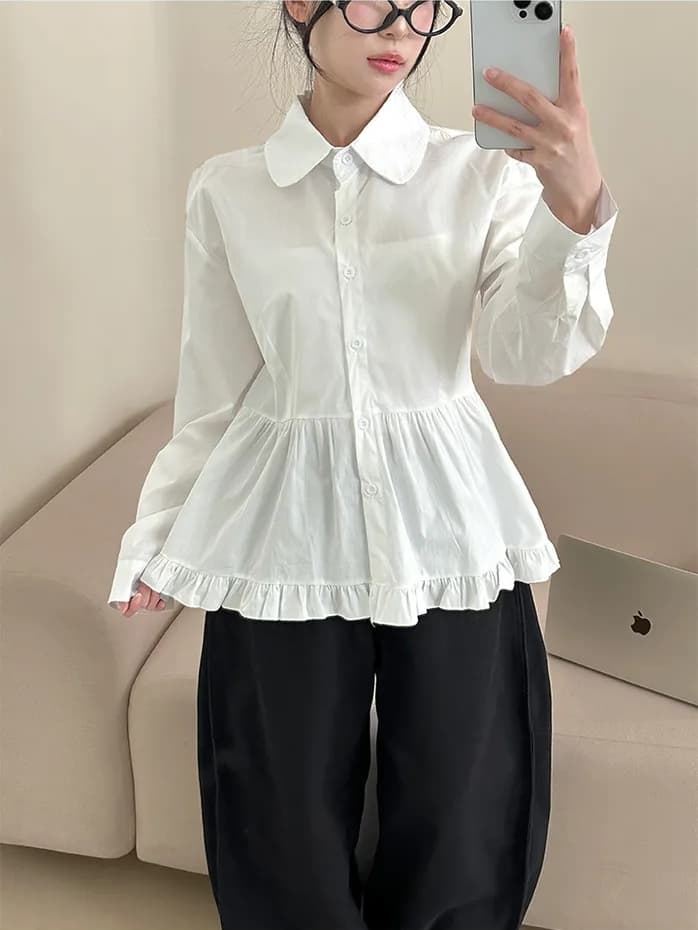 chic 한국 스타일 가을 패션 작은 대중 프릴 싱글 줄 버튼 베이비 칼라 긴팔 다용도 셔츠 맨위 이미지 2