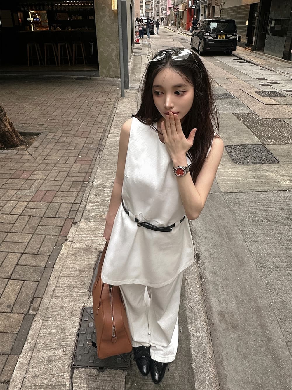 ins 한국 여름 레트로 개성 미니멀리즘 작은 대중 라운드 넥 민소매 조끼 맨위 미니 스커트 벨트 포함 이미지 3
