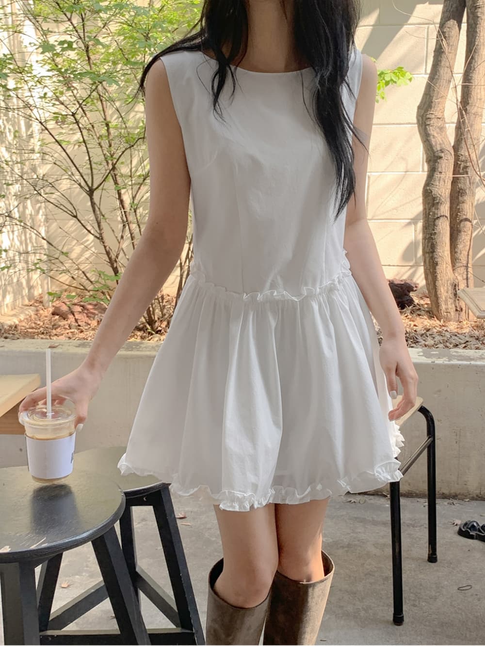 chic 한 부서 여름 프랑스식 프릴 캐주얼 휴가 민소매 조끼 스커트 미니 스커트 드레스 상세 이미지 3