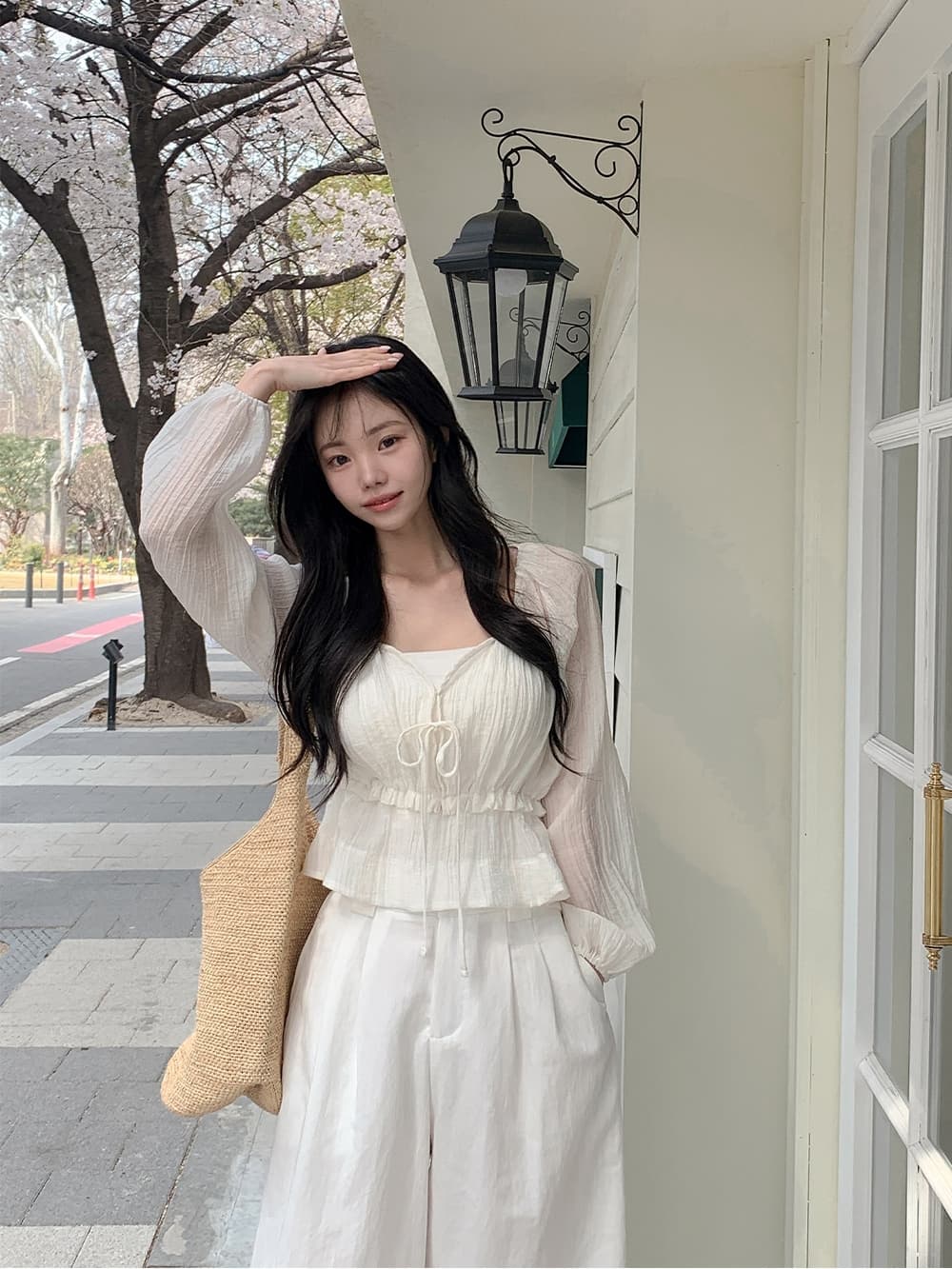 chic 한 부서 프랑스식 부드러운 V넥 달콤함 주름 장식 허리 수축 슬림해 보이는 얇은 스타일 자외선 차단 쉬폰 블라우스 맨위 상세 이미지 1